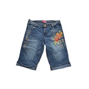 Southpole Womens Denim Bermuda Shorts With Graphic Rose & Heart Design